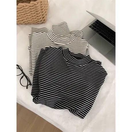 条纹半高领长袖T恤女德绒保暖秋冬装打底衫韩版宽松内搭加绒上衣图片