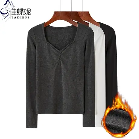 秋冬季新款方领气质纯色修身显瘦简约长袖纯棉磨毛保暖内搭打底衫商品大图