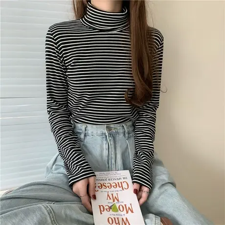 2024年新款春秋冬季高领黑色条纹洋气打底衫内搭长袖t恤女上衣服商品大图