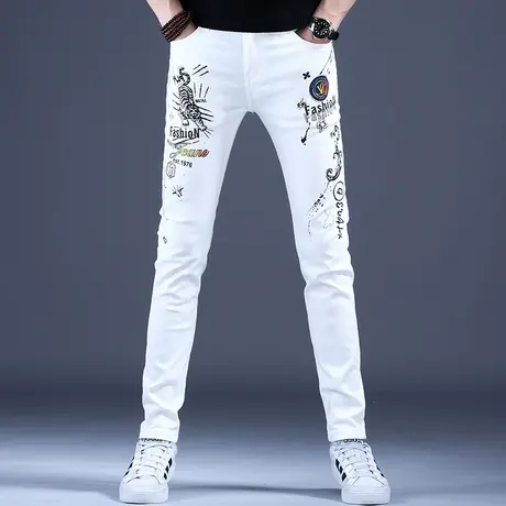 秋冬薄款潮牌印花牛仔裤男款修身小脚2023裤子男休闲夏天男裤弹力商品大图