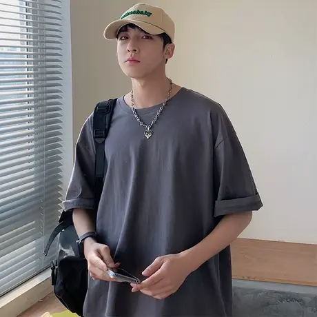 灰色短袖t恤男夏季宽松潮牌纯棉白色体恤衣服冰丝半袖男装打底衫商品大图