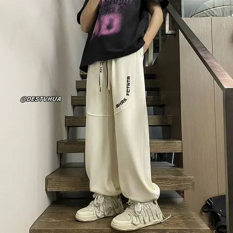 青少年白色裤子男款夏季薄款休闲百搭束脚卫裤胖子大码美式运动裤商品大图