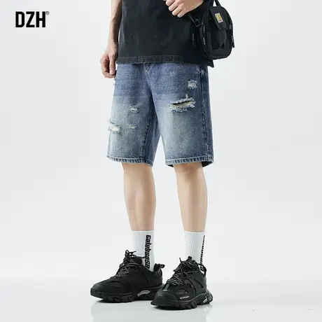 男士美式复古破洞牛仔短裤男宽松直筒裤子男款2023新款水洗大裤衩图片