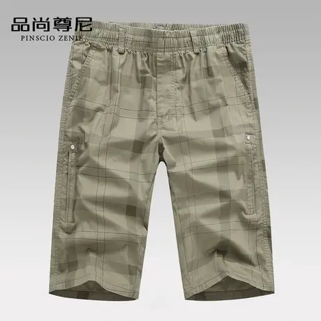 男士休闲短裤夏季松紧腰纯棉格纹宽松直筒休闲五分裤中老年爸爸装商品大图