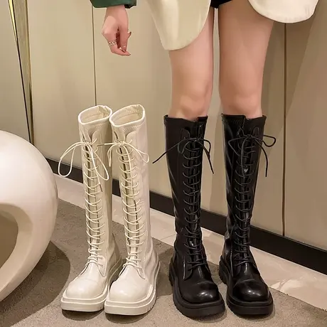 长筒靴女粗腿2023年新款秋冬季白色厚底不过膝长靴系带显瘦骑士靴商品大图