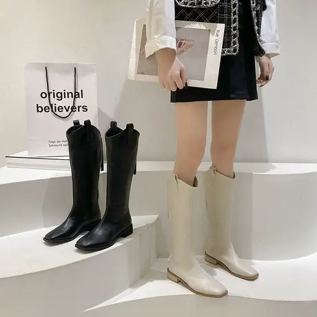 法式长筒靴女2023年春秋季新款复古英伦风显瘦靴子粗跟v口骑士靴商品大图
