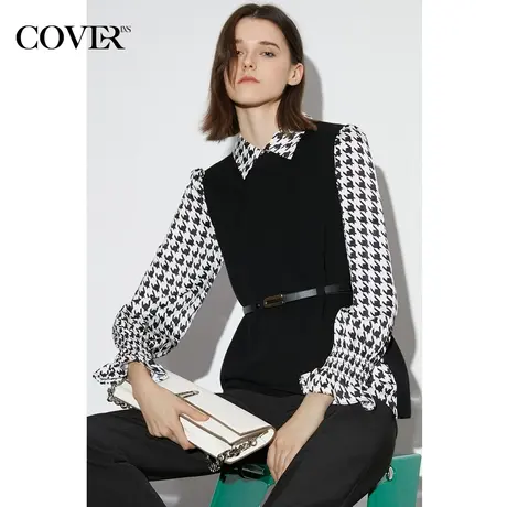[千鸟格系列]COVER2023年早春缎面梭织拼接假两件针织衫商品大图