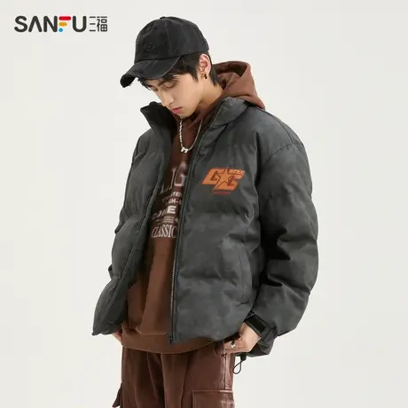 三福2023冬男士刺绣字母废土绗缝PU皮短棉衣 宽松外套男478858商品大图