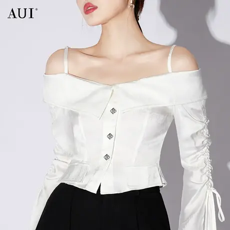 AUI白色性感气质一字肩衬衫女2023春新款别致设计感高级小众上衣图片