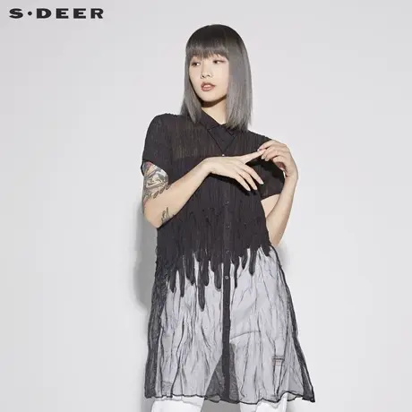 sdeer圣迪奥2019新款素雅纯色肌理皱褶拼接短袖衬衫群夏S18280419图片