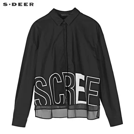sdeer圣迪奥2019秋装翻领撞色字母层次拼接纯黑衬衫S19180549图片