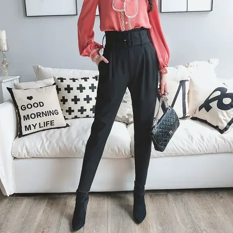 粉红大布娃娃高腰裤子女新款秋季显瘦宽松老爹裤休闲百搭哈伦裤商品大图