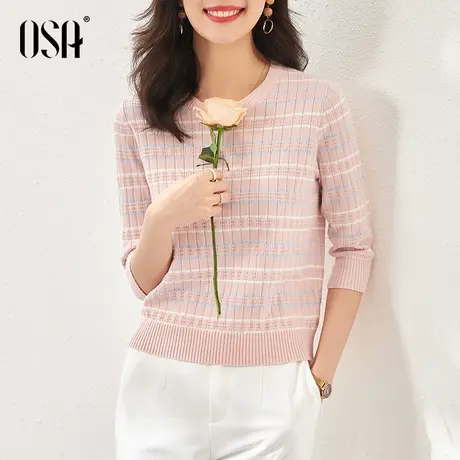 OSA欧莎七分袖条纹针织衫女显瘦上衣商品大图