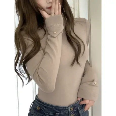 刺绣高领长袖T恤女秋冬修身韩版洋气时尚百搭德绒保暖打底衫上衣商品大图