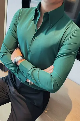 高级感纯色衬衫男翻领长袖弹力修身秋季新款商务休闲潮流男装衬衣商品大图