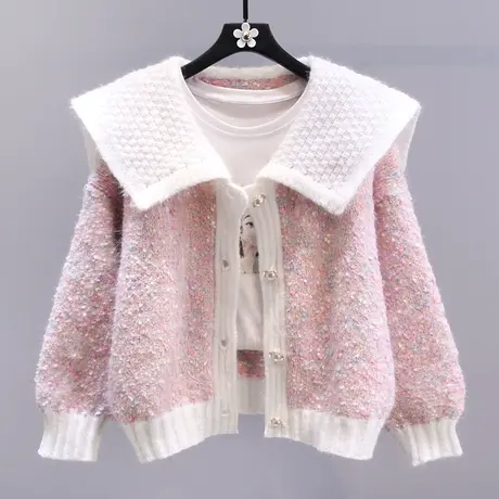 日系娃娃领彩色毛衣外套女冬季2023新款宽松学院风减龄针织开衫图片