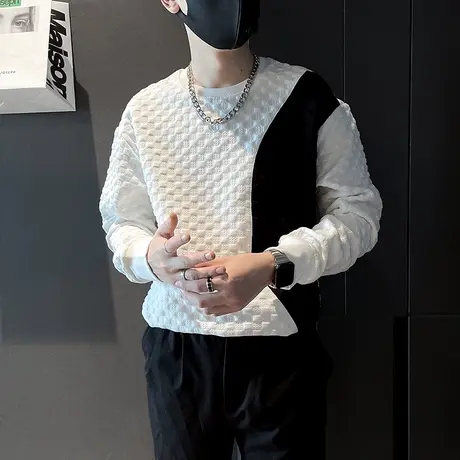 秋装2023新款秋季华夫格卫衣潮ins痞帅拼色长袖T恤上衣高级感外套商品大图