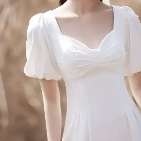 白色小晚礼服裙子平时可穿宴会气质连衣裙夏季仙气缎面中长款钉珠商品大图