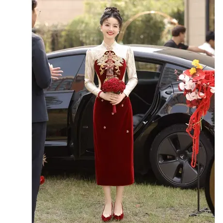 显瘦设计感旗袍敬酒服2023新款新娘高级感中式秀禾服订婚礼服长袖图片