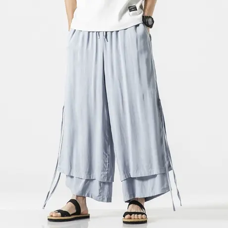 汉服民族风薄款白色裤子男棉麻阔腿裤男女裙裤居士禅修复古休闲裤图片