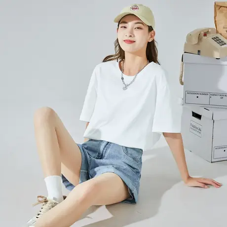 唐狮2022年夏新款短袖t恤女净色内搭上衣半袖圆领打底体恤女宽松商品大图