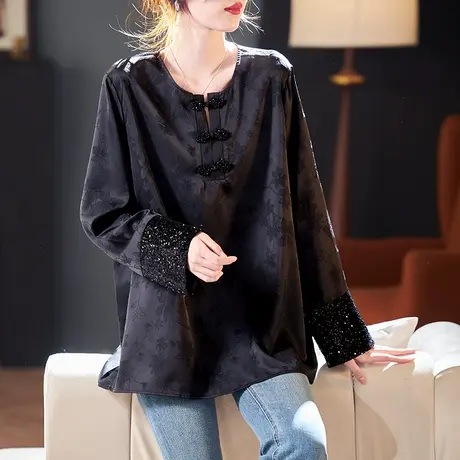 宝诗黎新中式盘扣提花雪纺衫女2025春季气质洋气新款百搭宽松上衣图片