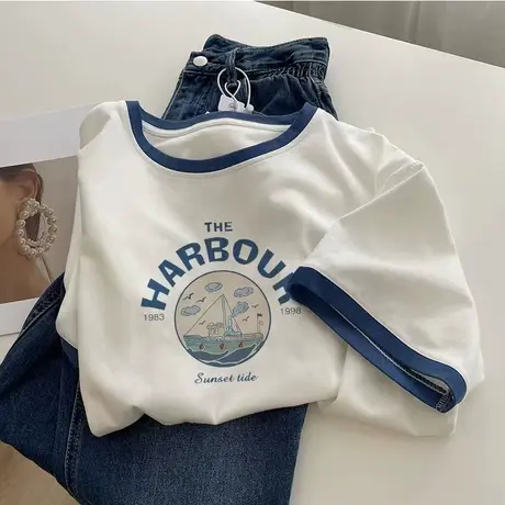 白蓝撞色短袖美式复古正肩T恤女打底衫独特别致早秋chic上衣甜辣图片