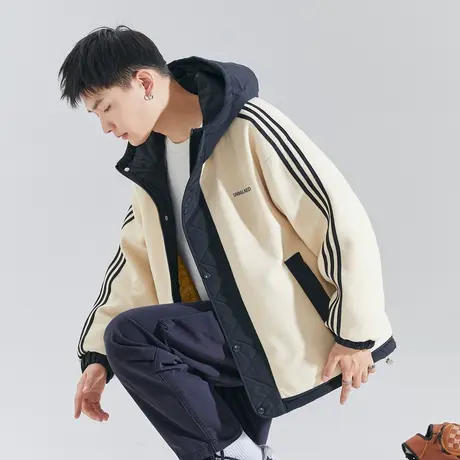 唐狮2024新款男士羽绒服羊羔毛连帽拼接撞色保暖时尚宽松外套1.23图片