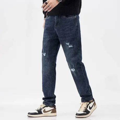 美式高街牛仔裤时尚潮流秋款深蓝牛仔裤微哈小脚裤子男款休闲男装商品大图