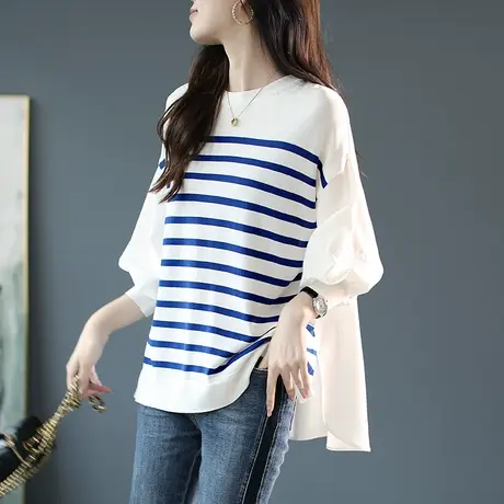 宝诗黎条纹撞色拼接上衣灯笼袖宽松针织衫女新款2024春季毛衣长袖图片