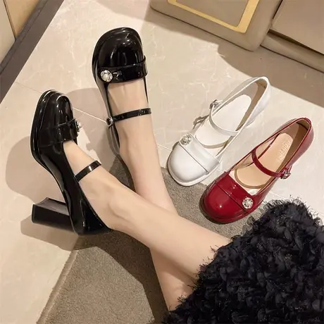 法式粗跟玛丽珍鞋女2024年新款时尚百搭浅口单鞋一字带高跟小皮鞋商品大图
