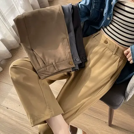 卡其色高腰直筒裤女春夏新款小个子宽松显瘦九分西装阔腿休闲裤子商品大图