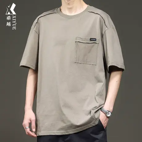 希越260g重磅拼接短袖T恤男2024春季新款潮牌宽松大码男士打底衫商品大图