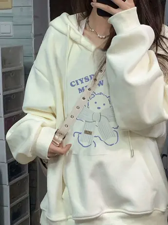 日系连帽卫衣女秋冬加绒加厚小众设计感oversize宽松潮牌上衣外套图片