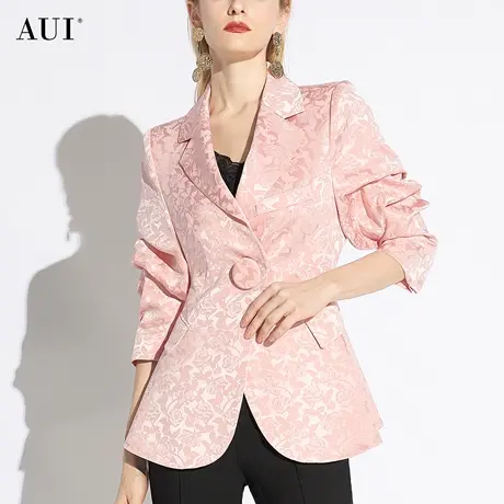 AUI粉色御姐气质提花西装外套女2024春秋新款高级感修身收腰西服图片