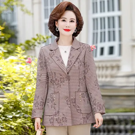 妈妈春秋装时尚碎花格子西装外套中老年女休闲洋气西服短款上衣服图片