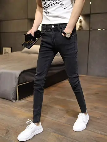 夏季男士黑色九分牛仔裤男潮牌青年韩版修身小脚裤显瘦弹力裤子潮商品大图