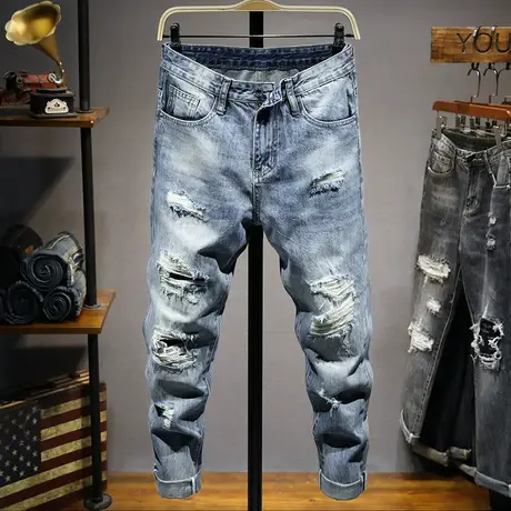新春四季牛仔裤男破洞修身小脚九分潮裤子韩版休闲复古中腰乞丐风商品大图