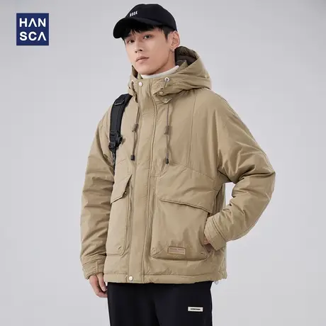 hansca日系纯色羽绒服男冬季鸭绒保暖简约百搭大口袋连帽休闲外套图片