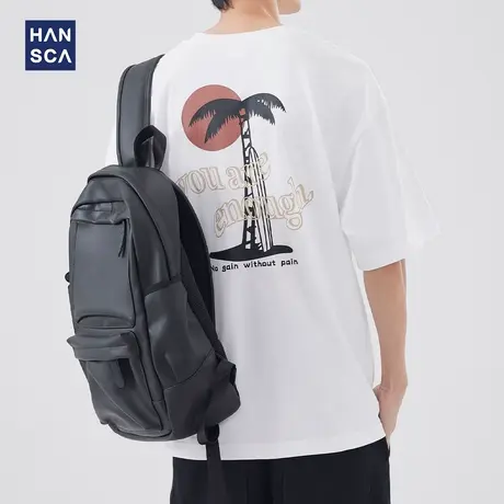 hansca 日系圆领短袖T恤男夏季新款水洗潮牌印花大码宽松休闲上衣商品大图