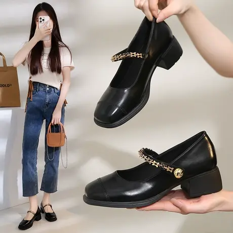 中粗跟玛丽珍鞋女鞋2024春秋新款法式单鞋女方头浅口晚晚鞋小皮鞋商品大图