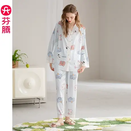 芬腾睡衣夏季新款女冰雪丝V领长袖套装卡通可爱少女仿真丝家居服图片