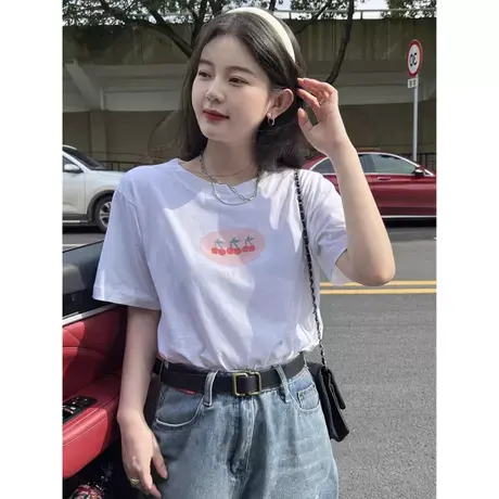 潮牌新款小众樱桃印花短袖t恤纯棉设计感宽松大版中长款百搭衣服商品大图
