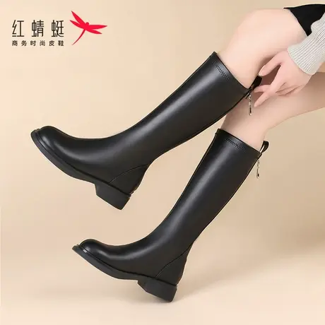 红蜻蜓显瘦靴子女长筒靴2023新款时尚高筒骑士靴瘦瘦靴长靴黑色冬商品大图