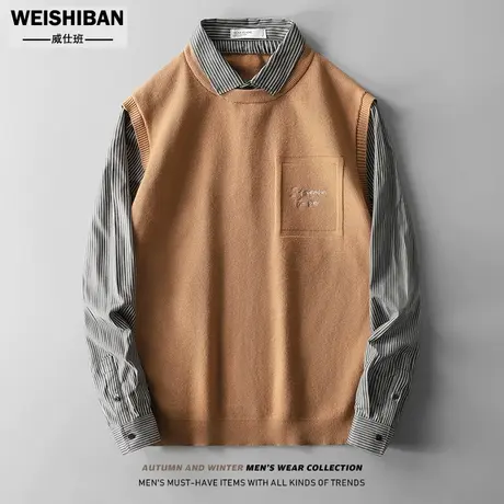 秋冬休闲假两件毛衣男士潮流撞色马夹长袖衬衫领针织背心条纹线衣商品大图
