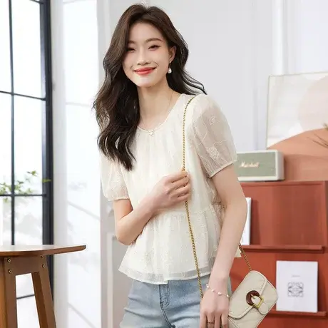 时尚气质天丝短袖衬衫2023年夏季新款淑女温柔圆领宽松显瘦上衣商品大图
