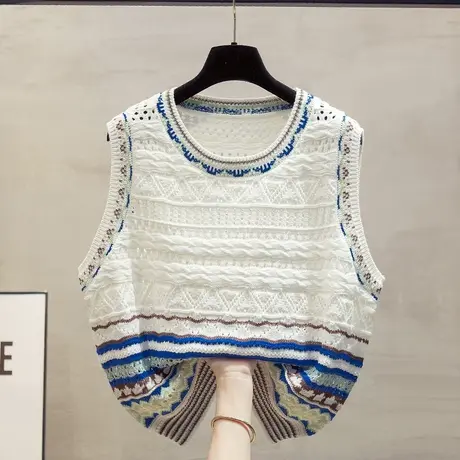 镂空圆领针织马甲背心女2023秋装新款宽松外穿马夹叠穿毛衣坎肩潮商品大图