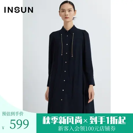 恩裳2023年早春新品微透牙签条压褶藏蓝色直筒衬衫连衣裙图片