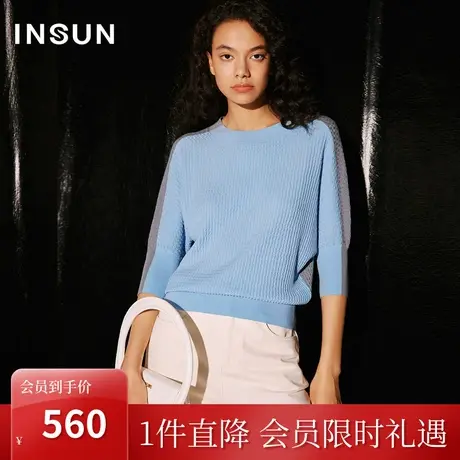 恩裳COVER2023秋季新款真丝棉混纺开叉蝙蝠袖前后撞色设计针织衫商品大图