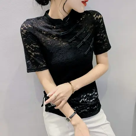 性感镂空蕾丝上衣女短袖2023新款复古风盘扣打底衫立领黑色半袖图片